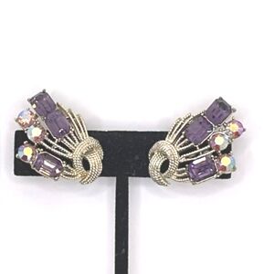 Francois Signed Vintage Purple Amethyst Color and AB Crystal Clip-on Earrings